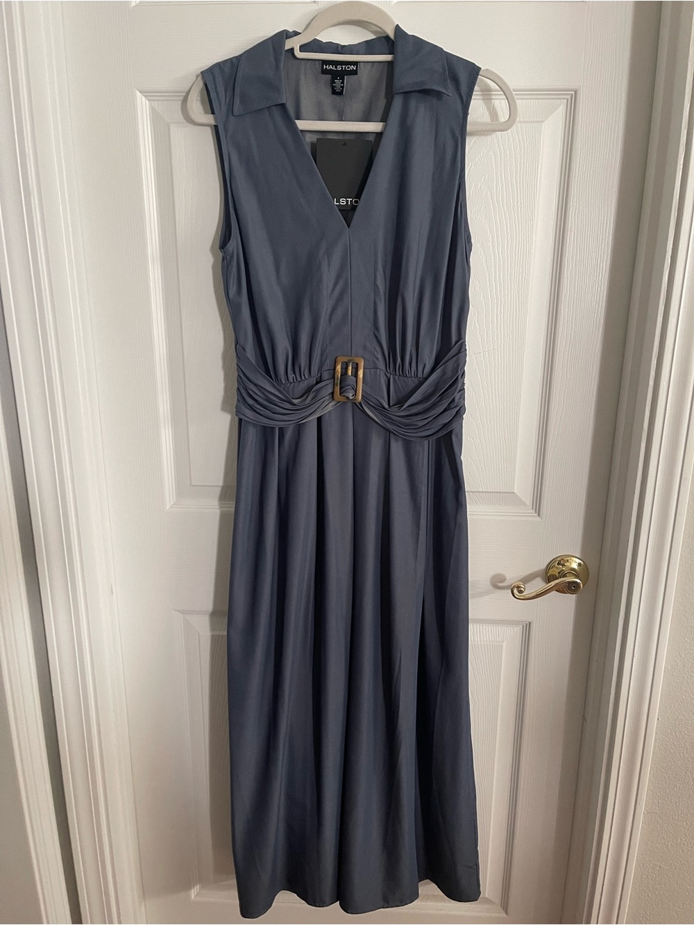 Halston Sleeveless V-Neck Belted Maxi Dress in Slate Blue
